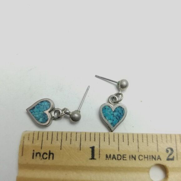 Vintage Little Blue Heart Dangle Stud Earrings, Sweet Retro Design, - Picture 4 of 5